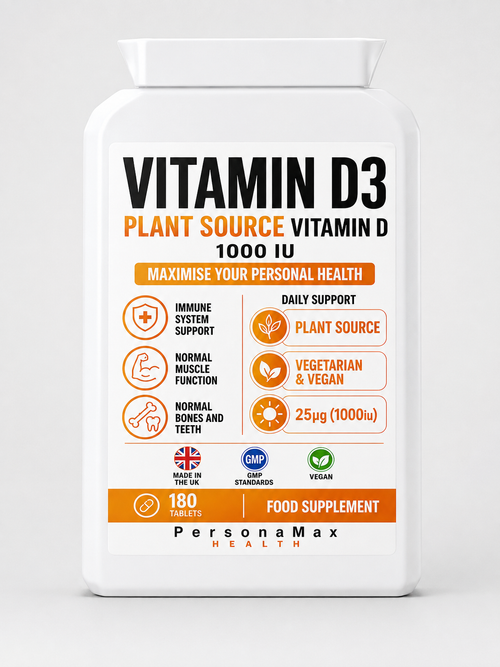 A white plastic bottle of PersonaMax Health Vitamin D3 Plant Source Vitamin D 1000 IU food supplement, featuring a clean white label with orange and black text and icons.